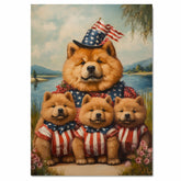 Mother Chow Chow and Three Puppies in Patriotic Outfits by a Peaceful Lake on Ready to Hang 1.5" Thick Canvas Wrap, Floating Framed Canvas, Flat Rolled Canvas